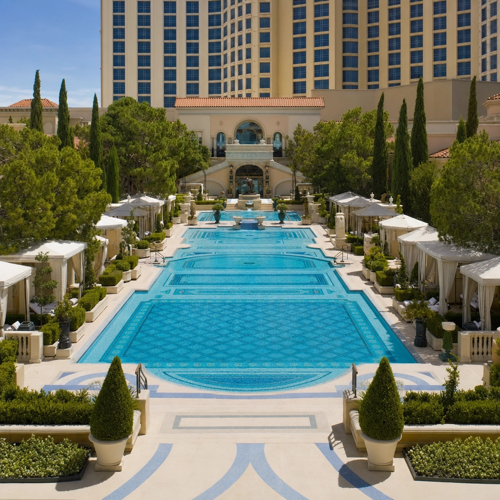 Bellagio Mediterranean Oasis Pool Courtyards – Personal Sedan Services Elegant Mediterranean-style pool courtyards with arches at Bellagio Las Vegas
