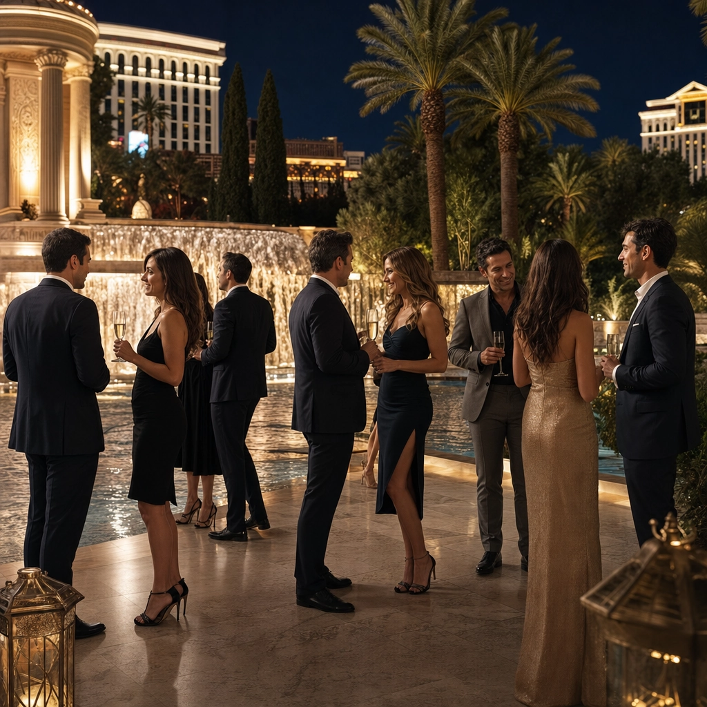 Bellagio Upscale Reception Fountain Backdrop – Personal Sedan Services Elegant evening cocktail reception on a Las Vegas resort terrace with a fountain backdrop