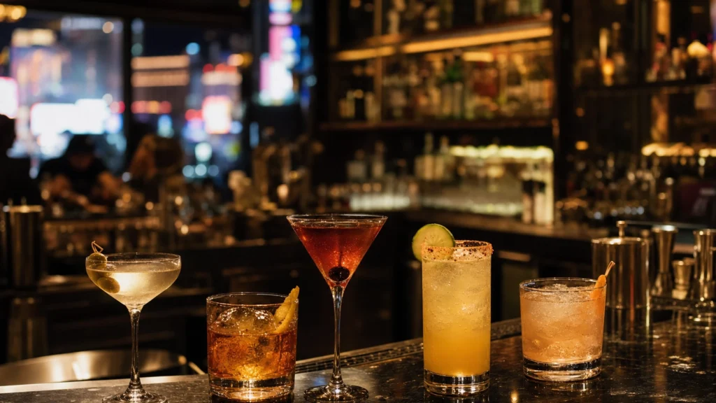 Craft cocktails on a dark bar top in a stylish Las Vegas cocktail bar at night