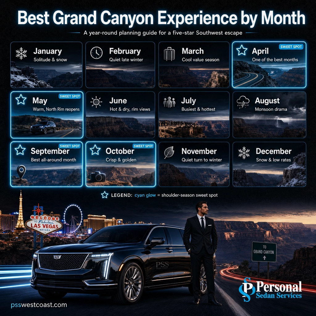 Twelve-month calendar infographic showing the best Grand Canyon experience for each month of the year