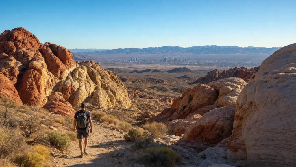Hiker on a sandy desert trail among red sandstone formations near Las Vegas at sunrise