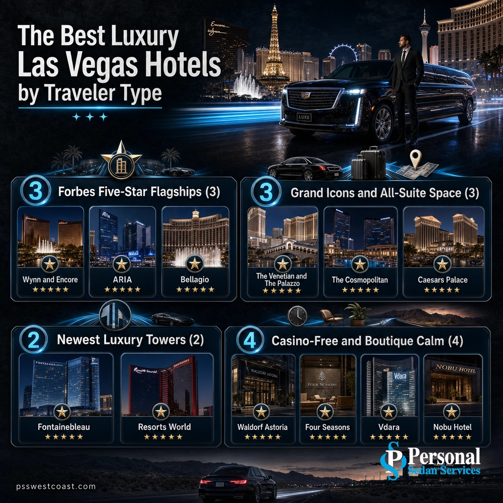 Best Luxury Las Vegas Hotels By Type Overview – Personal Sedan Services Infographic grouping the 12 best luxury Las Vegas hotels into four categories by traveler type