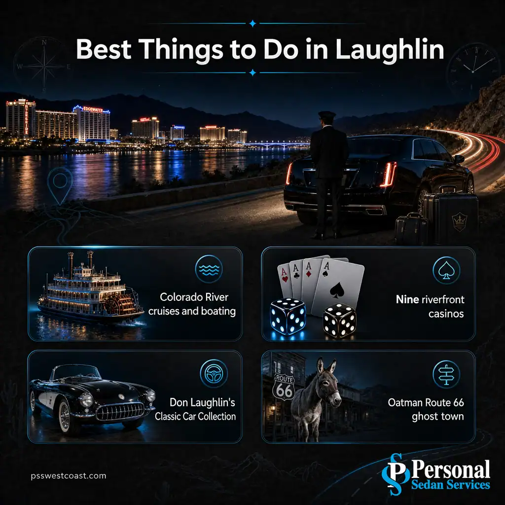 Infographic of Laughlin things to do: river cruises, casinos, classic car collection, and Oatman