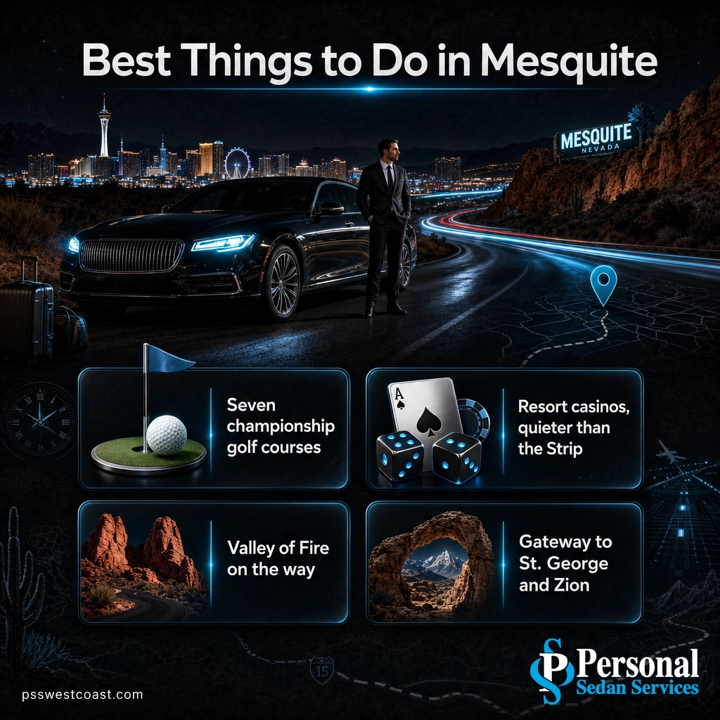 Best Things To Do In Mesquite Nevada – Personal Sedan Services Infographic of Mesquite things to do: golf courses, resort casinos, Valley of Fire, and gateway to Zion