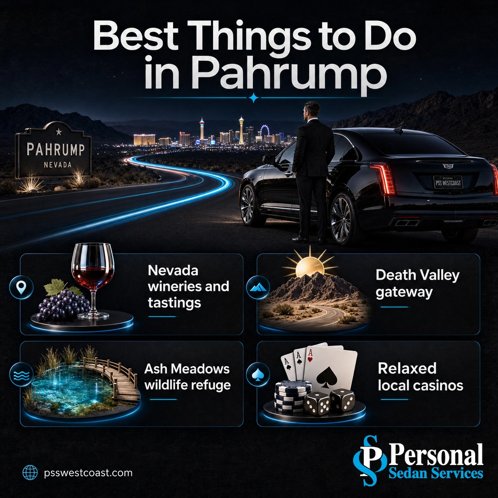 Best Things To Do In Pahrump Nevada – Personal Sedan Services Infographic of Pahrump things to do: wineries, Death Valley gateway, Ash Meadows, and casinos