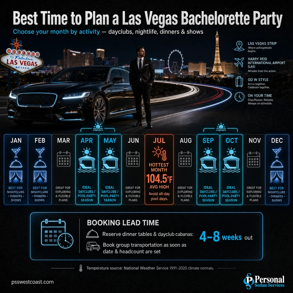 Best Time For A Las Vegas Bachelorette Party By Activity – Personal Sedan Services Infographic of the best months for a Las Vegas bachelorette party by activity with average temperatures and booking lead times