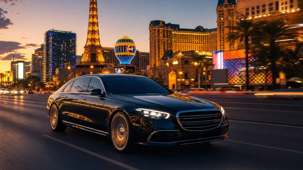 Black luxury sedan on the Las Vegas Strip at golden hour with the neon skyline behind it