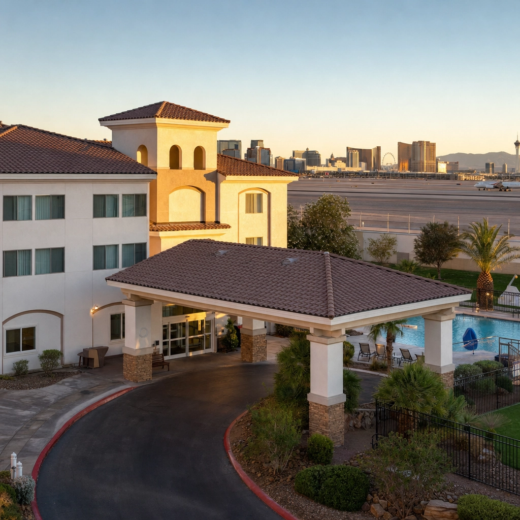 Best Western Plus McCarran Inn Near Las Vegas Airport – Personal Sedan Services Comfortable budget airport hotel exterior with covered entrance and pool near Las Vegas airport at golden hour