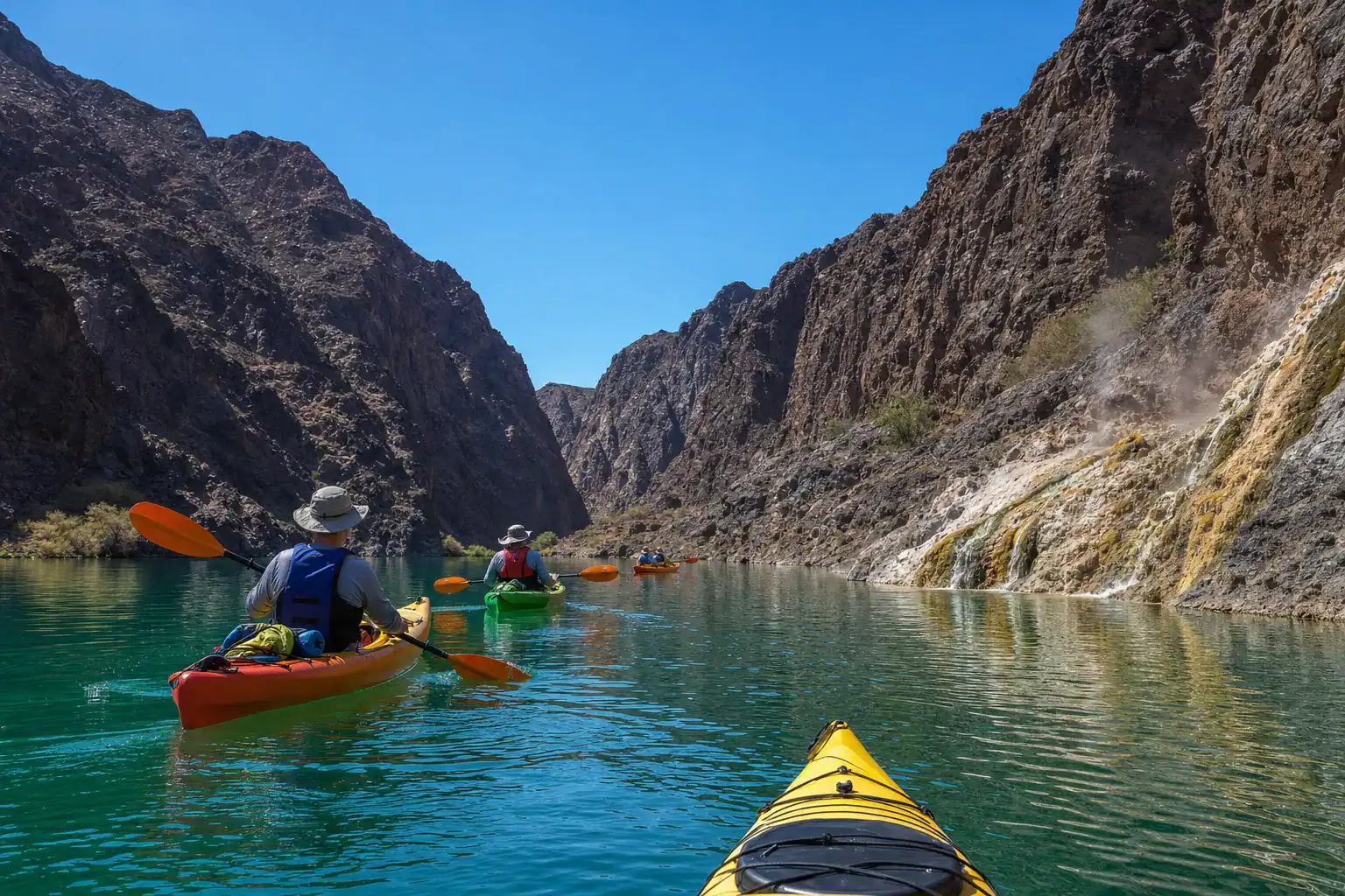 Black Canyon Water Trail Kayaking Colorado River Below Hoover Dam Boulder City – Personal Sedan Services Kayakers paddling the emerald water of Black Canyon on the Colorado River below Hoover Dam near Boulder City Nevada