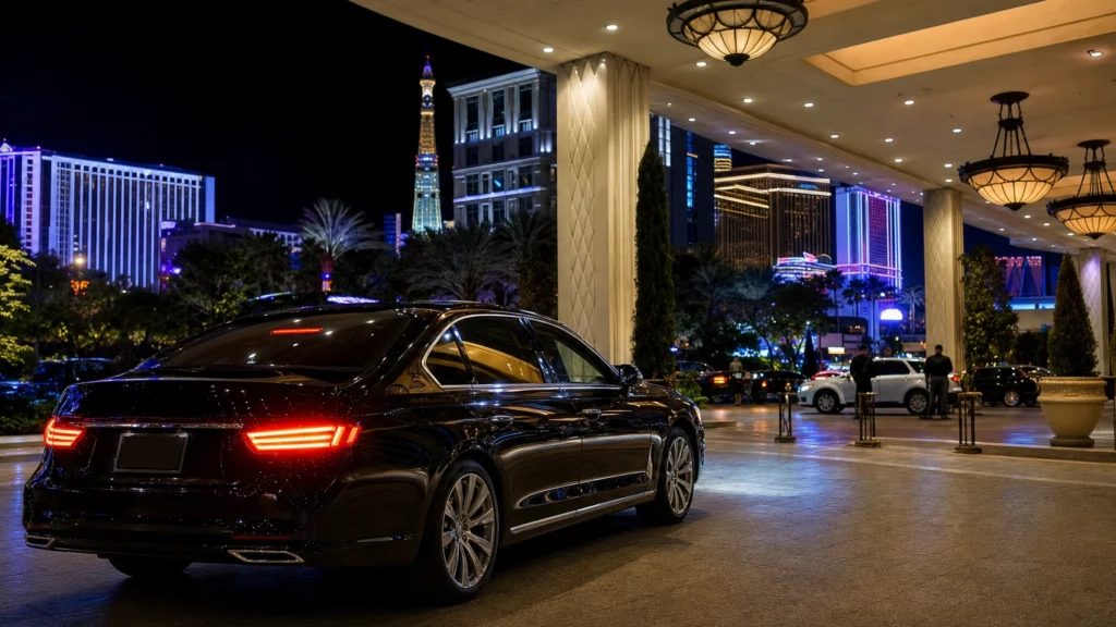Gleaming black luxury sedan pulling up to a bright Las Vegas casino entrance at night on the Strip