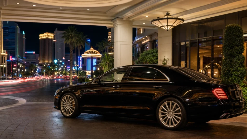 Black luxury sedan at the entrance of a Las Vegas Strip casino resort at night