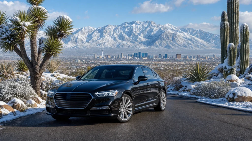 Black luxury sedan on a Las Vegas road during rare valley snow with snow-capped Mount Charleston in the distance