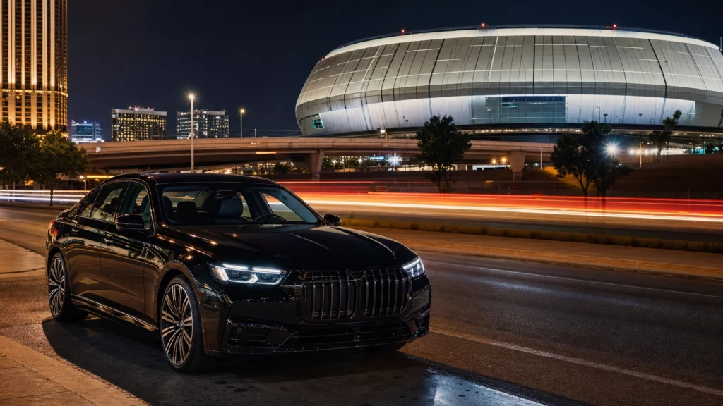Black luxury sedan on a Las Vegas street at night with a domed stadium glowing in the background