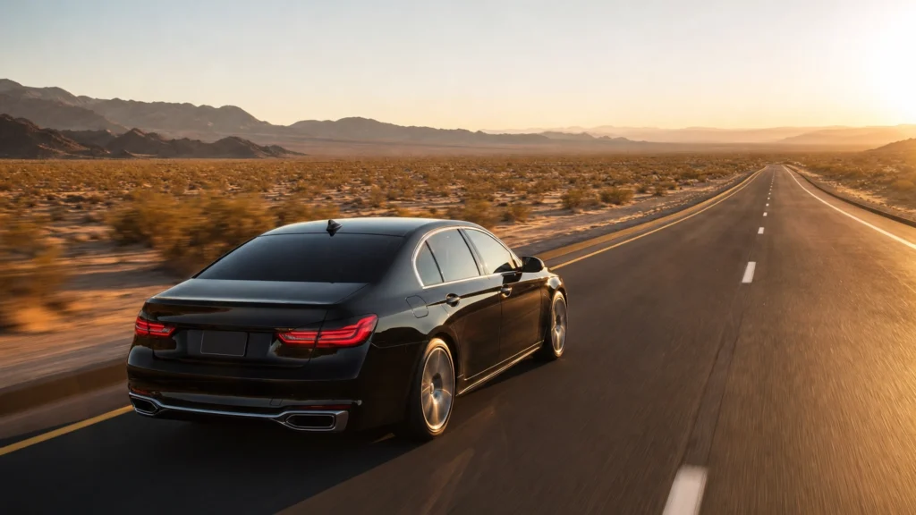 Black luxury sedan on an open Interstate 15 through the Mojave Desert between Las Vegas and Barstow at golden hour