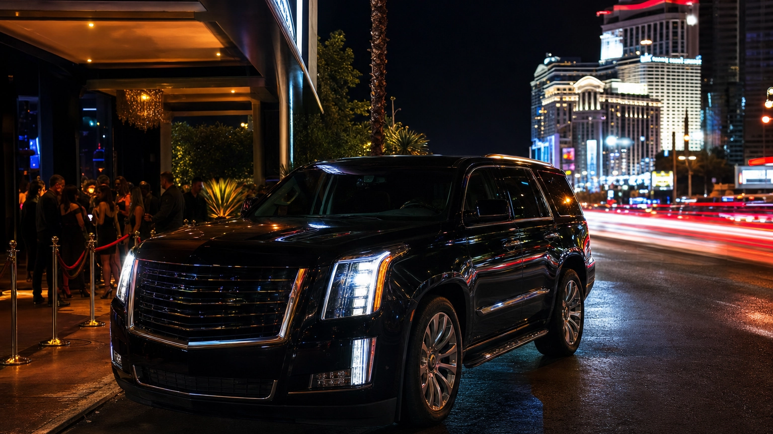 Glossy black luxury SUV arriving at a glowing Las Vegas Strip nightclub entrance with neon light at night