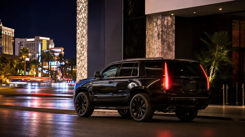 Glossy black luxury SUV parked at an upscale Las Vegas gentlemen's club entrance with neon glow at night