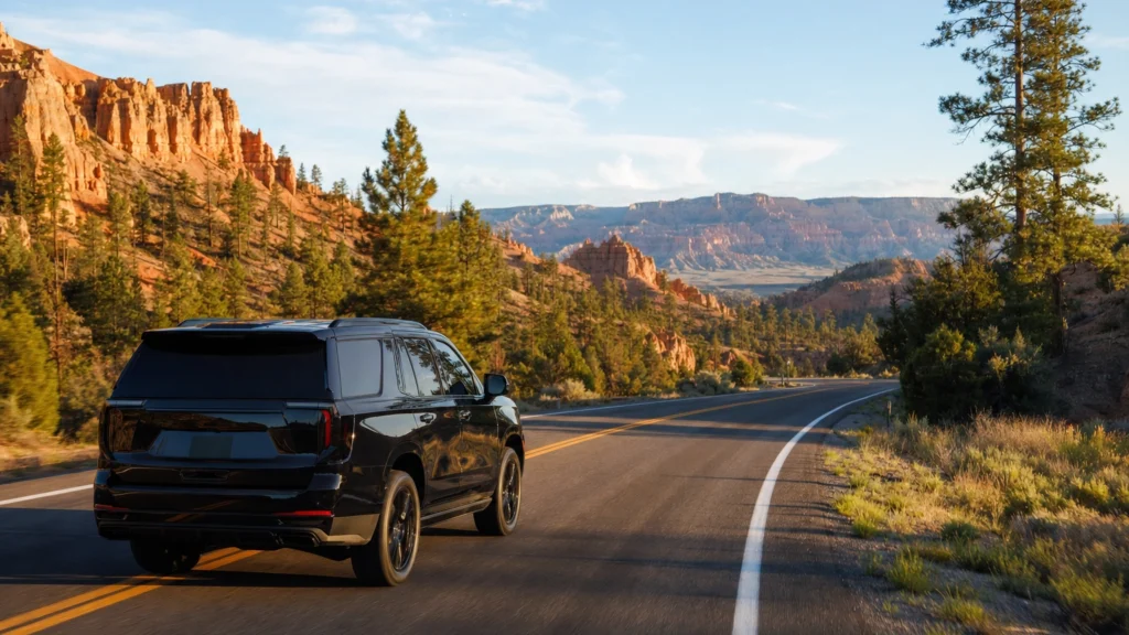 Black luxury SUV on an open Utah scenic highway heading toward Bryce Canyon from Las Vegas