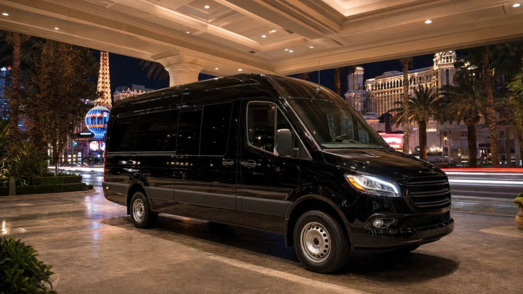 Gleaming black Mercedes-Benz Sprinter van parked at a lit Las Vegas Strip resort entrance at night