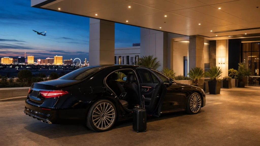 Black luxury sedan waiting outside a Las Vegas airport hotel entrance at night with the Strip glowing behind