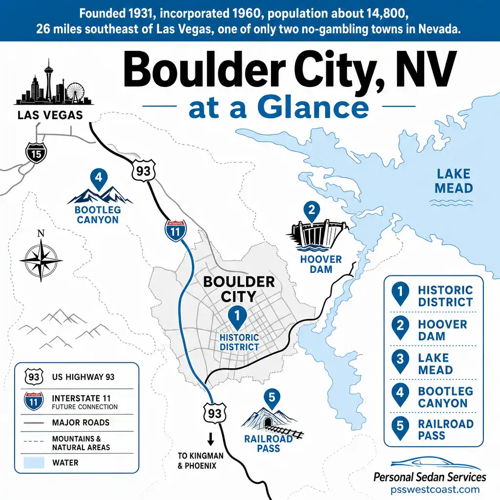 Boulder City Nevada At A Glance Map Infographic Hoover Dam Lake Mead Historic District – Personal Sedan Services Map infographic of Boulder City Nevada showing its location southeast of Las Vegas with Hoover Dam, Lake Mead, the Historic District, and Bootleg Canyon