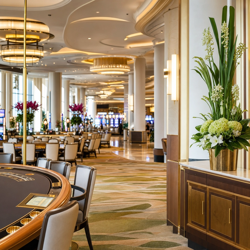 Bright and plush five-star Las Vegas casino interior with natural light, curved ceilings, and flowers