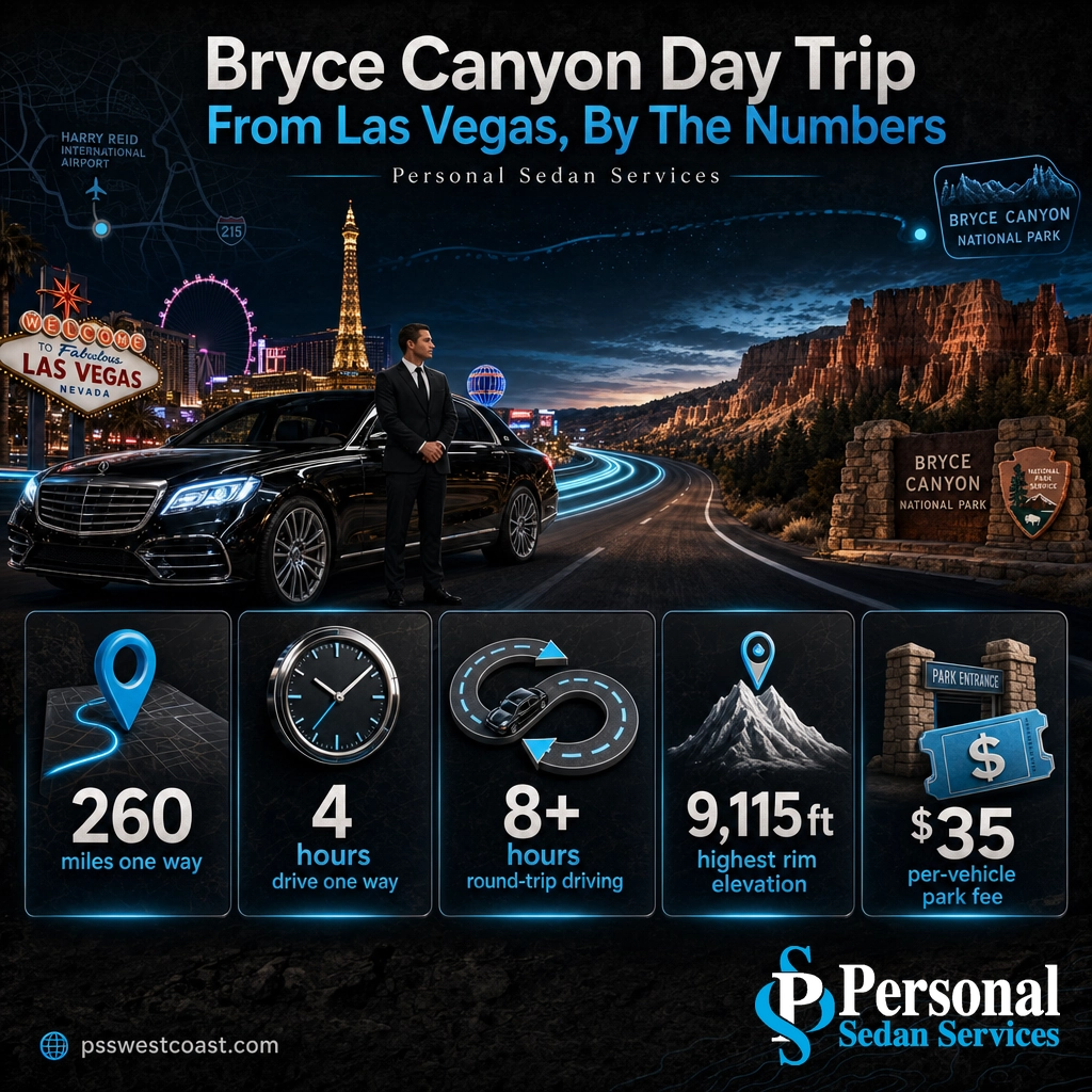 Infographic of Bryce Canyon day trip numbers from Las Vegas: distance, drive time, elevation and park fee