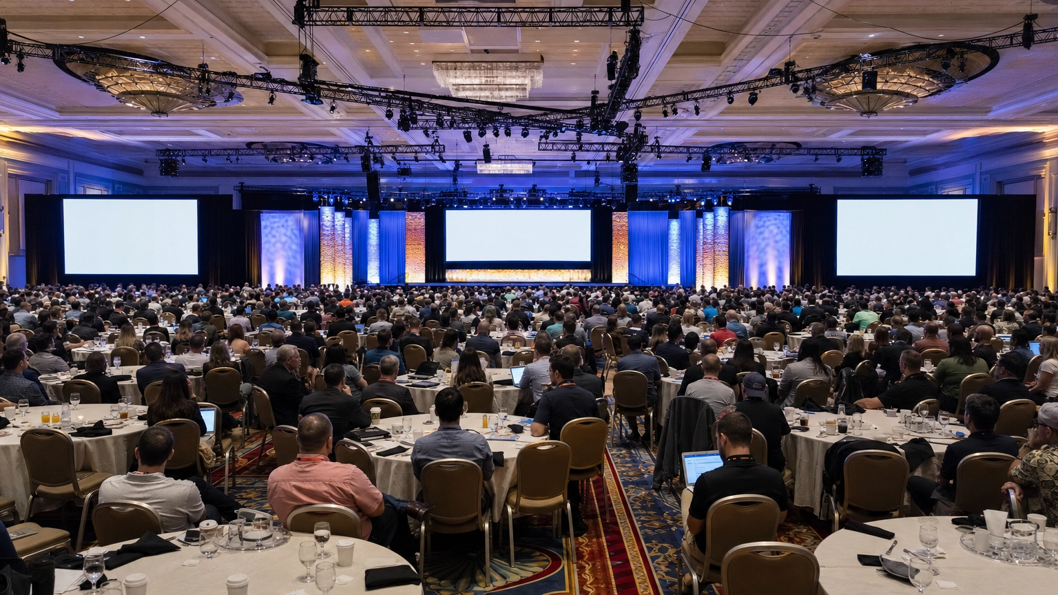 Caesars Forum Pillarless General Session Hall – Personal Sedan Services Massive pillarless Las Vegas conference hall set with rounds facing a stage and large screens