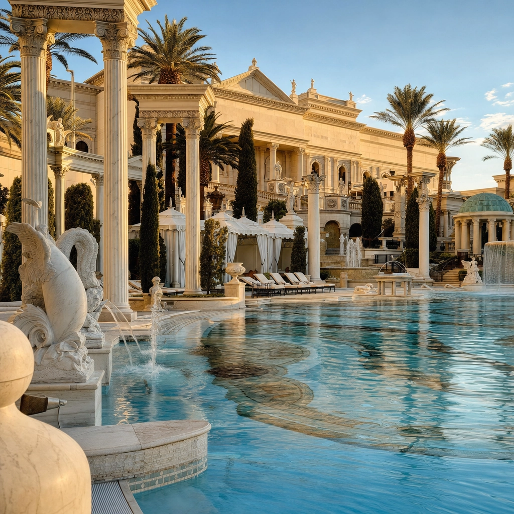 Caesars Palace Garden Of The Gods Pools – Personal Sedan Services Grand Greco-Roman luxury resort pool complex with classical columns and statuary, representing Caesars Palace