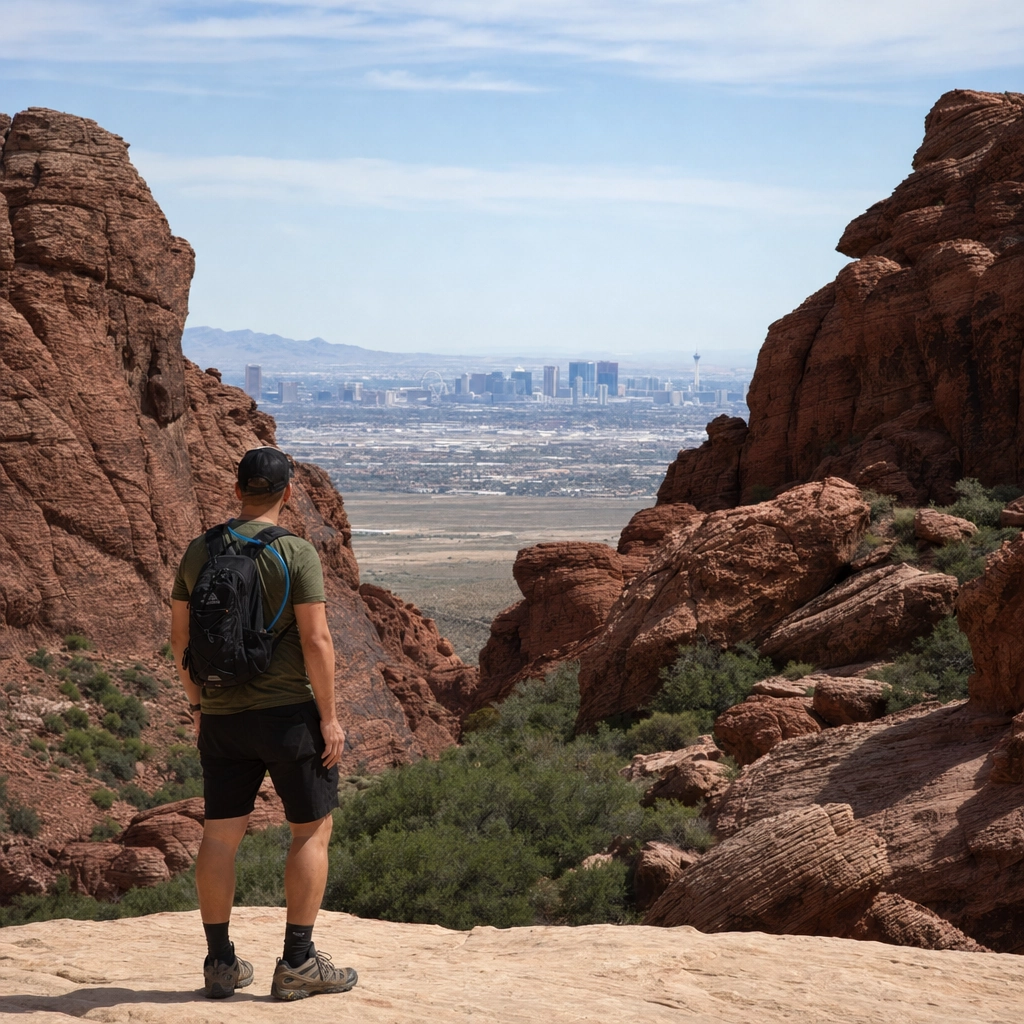 Calico Tanks Overlook Las Vegas Strip – Personal Sedan Services Hiker at the Calico Tanks overlook with the distant Las Vegas Strip framed by red sandstone
