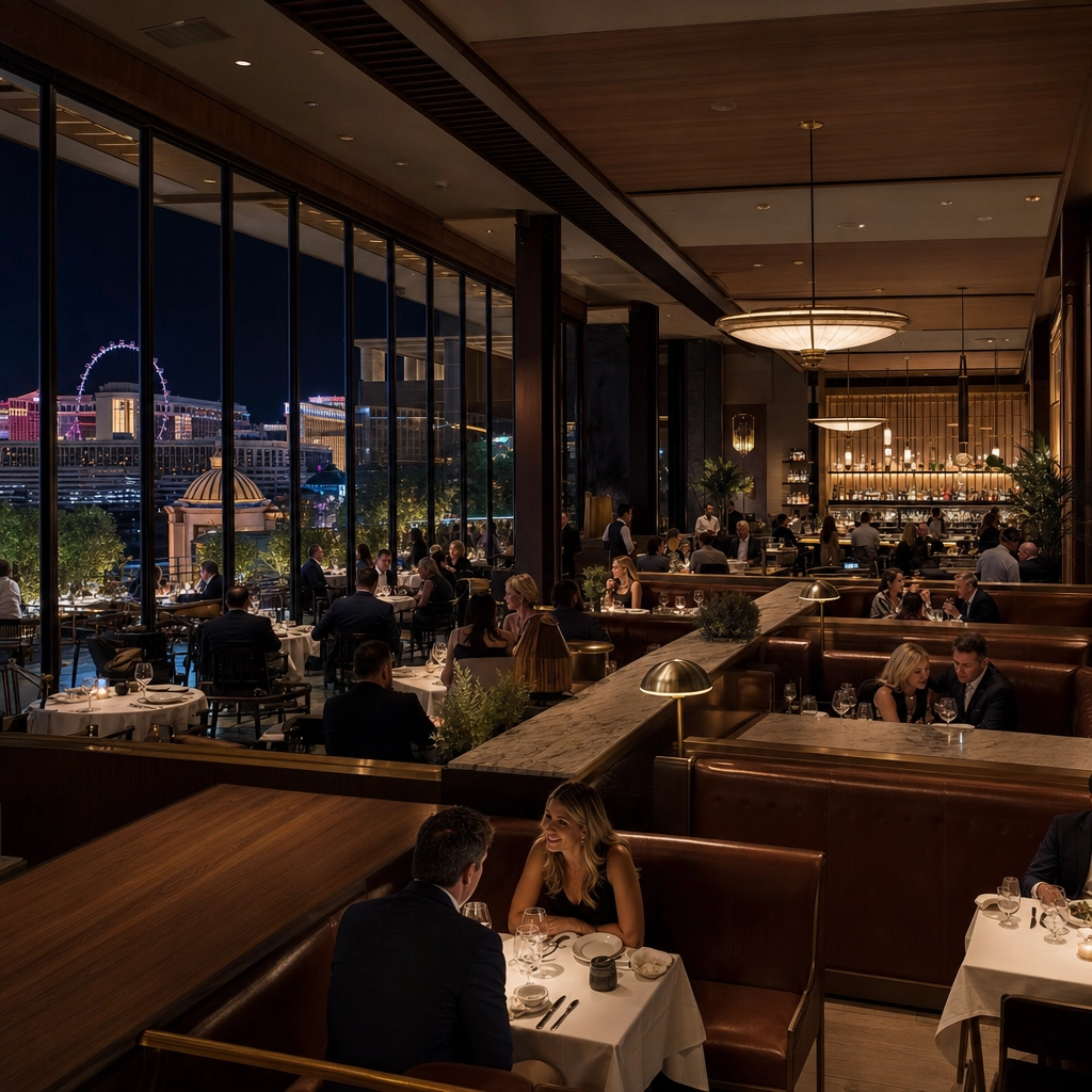 Carversteak Mid Century Modern Dining Room – Personal Sedan Services Expansive mid-century-modern Las Vegas steakhouse with a Strip-facing terrace and city lights at night