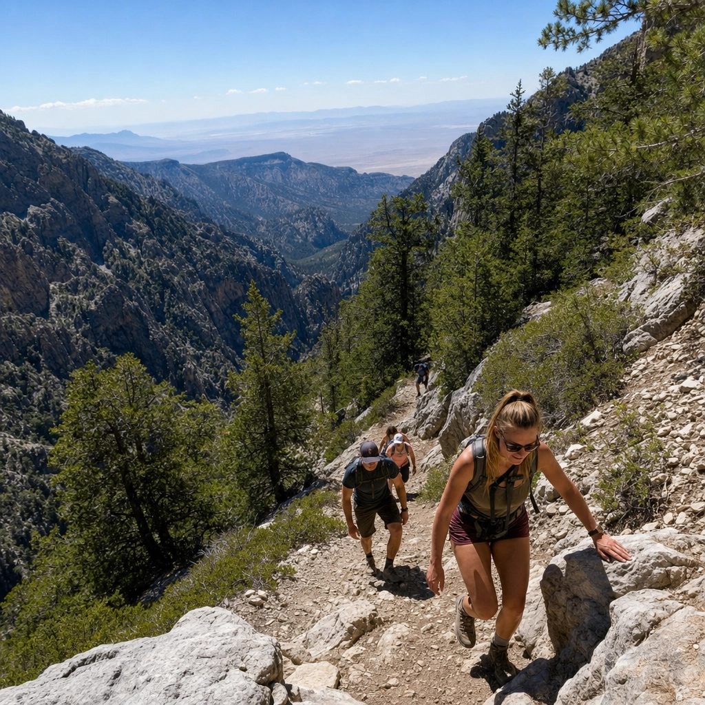 Cathedral Rock Trail Mount Charleston – Personal Sedan Services Hikers climbing the steep switchbacks of the Cathedral Rock trail with canyon views on Mount Charleston