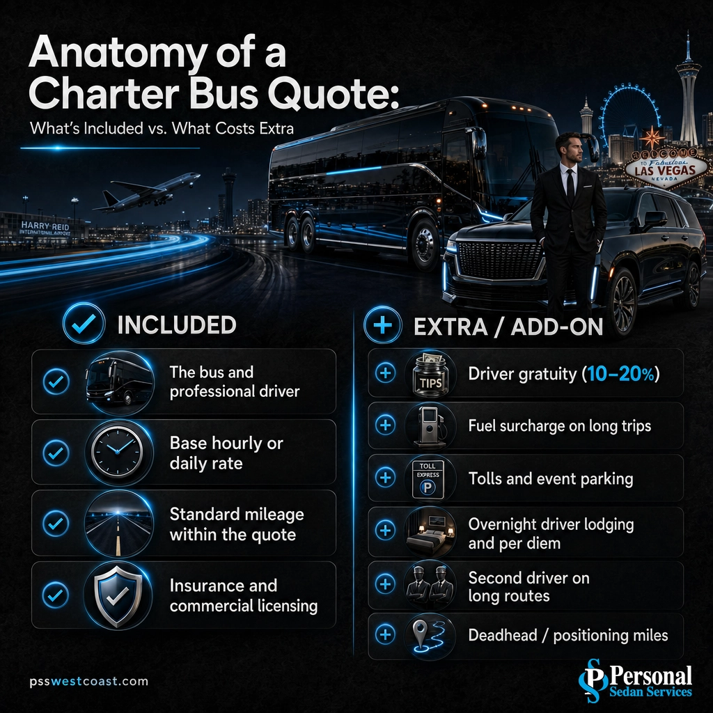 Charter Bus Quote Included Versus Extra Fees – Personal Sedan Services Infographic showing what is included in a charter bus quote versus add-on fees like gratuity, fuel, and tolls