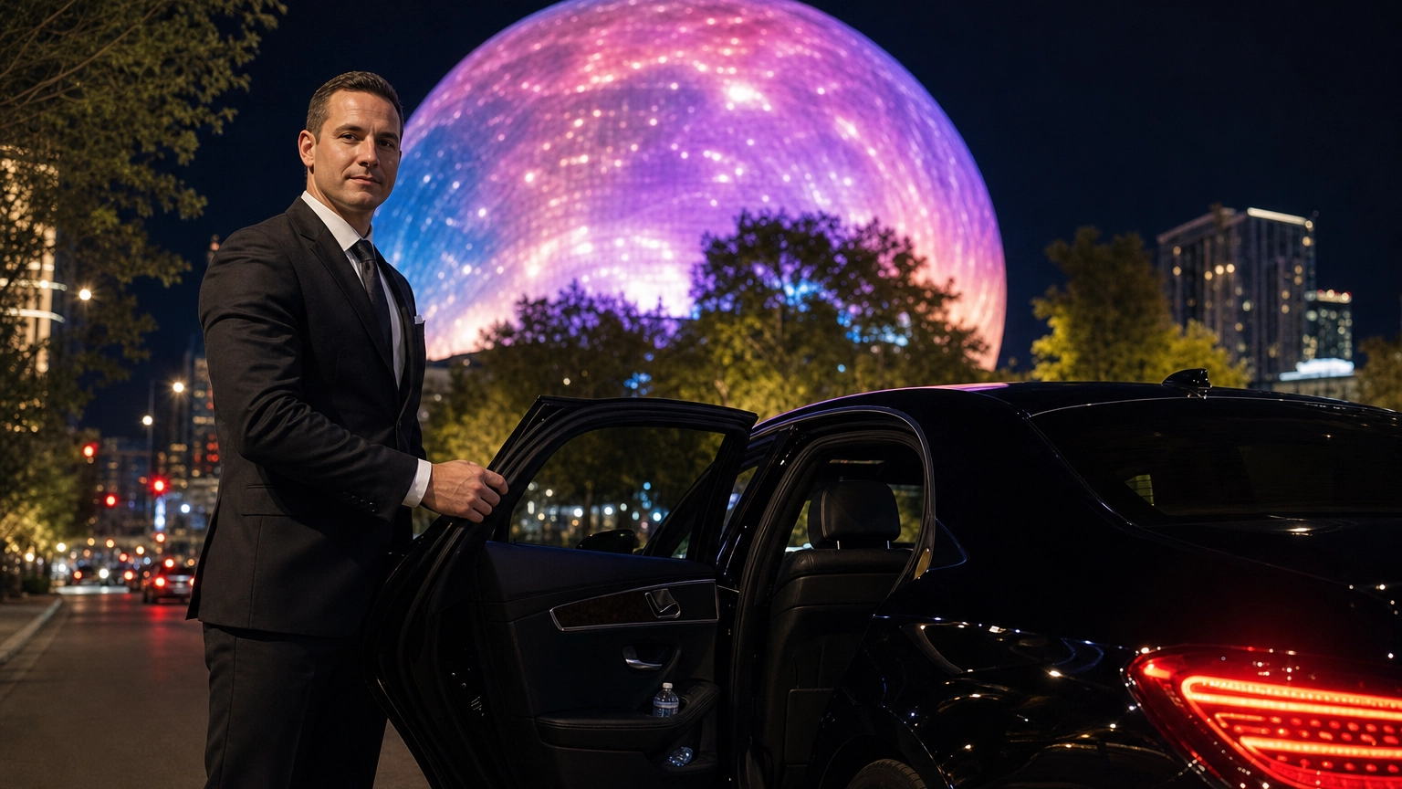 Bare-headed chauffeur holding open a black sedan door near the illuminated Sphere at night