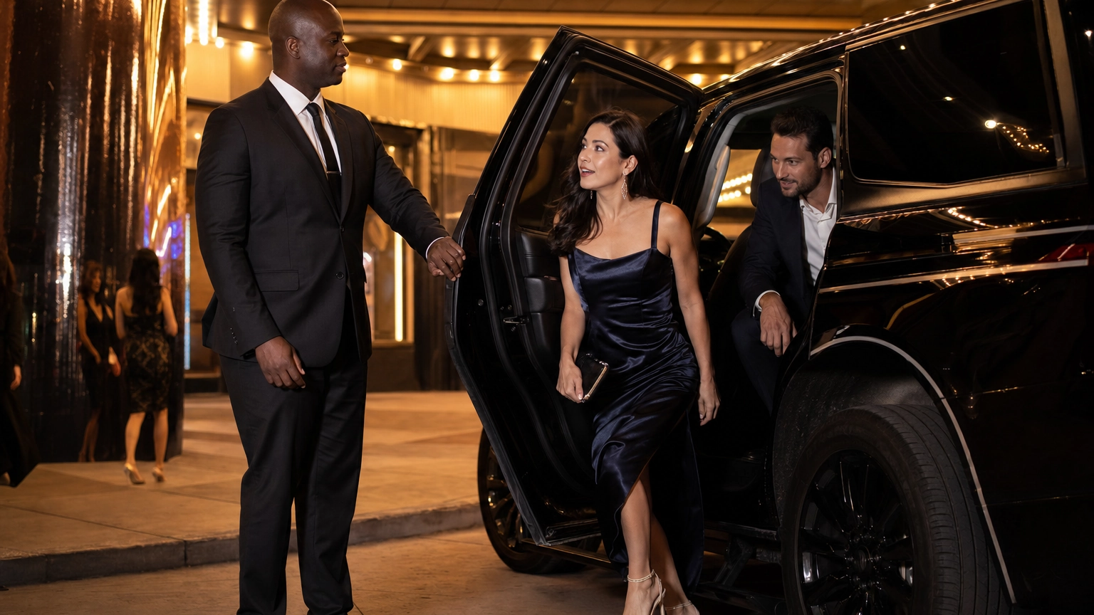 Chauffeured Arrival At A Las Vegas Show – Personal Sedan Services Bare-headed professional chauffeur opening a black luxury SUV door for guests at a lit Las Vegas theater