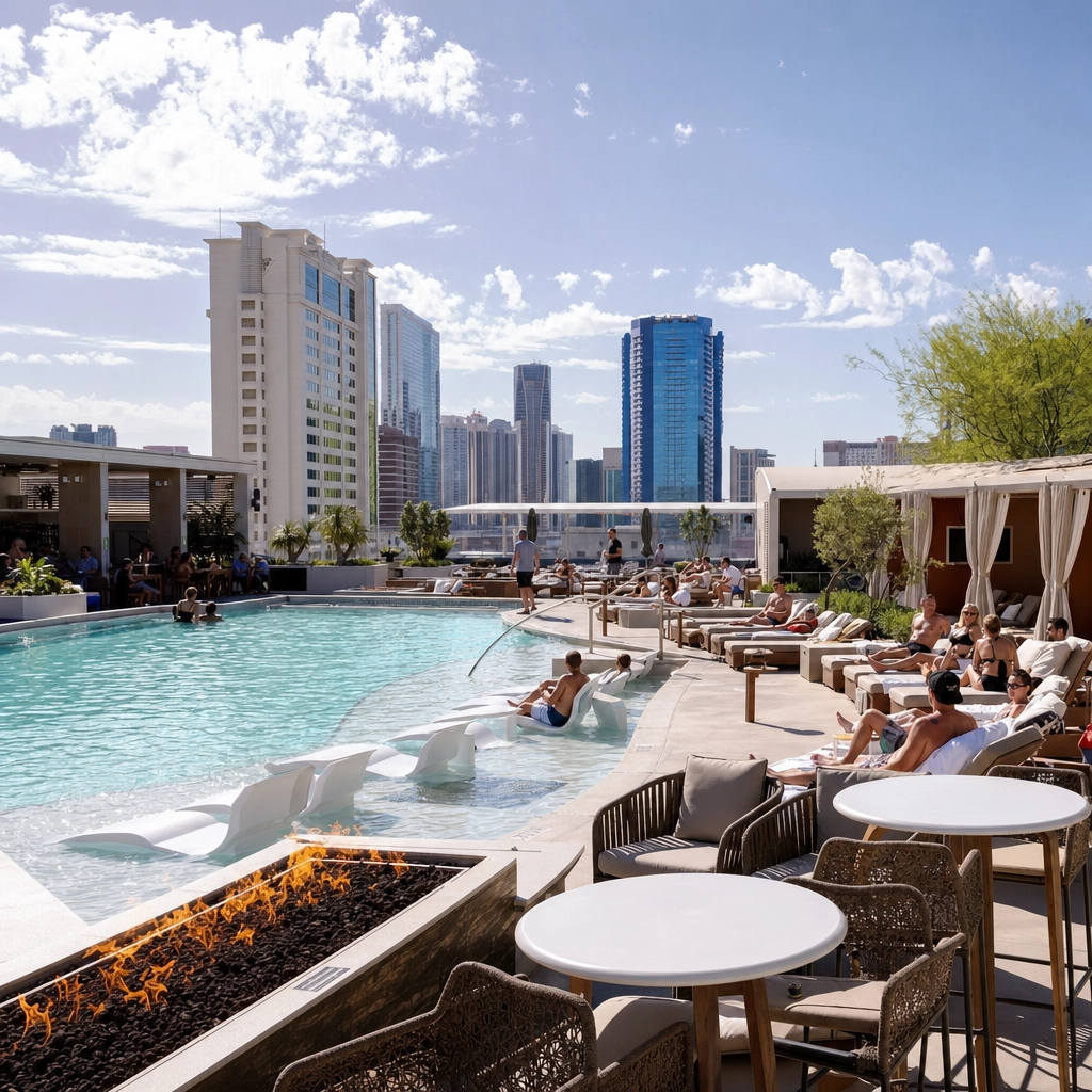 Citrus Grand Rooftop Pool At Downtown Grand – Personal Sedan Services Rooftop Citrus Grand pool deck with downtown skyline at Downtown Grand Las Vegas