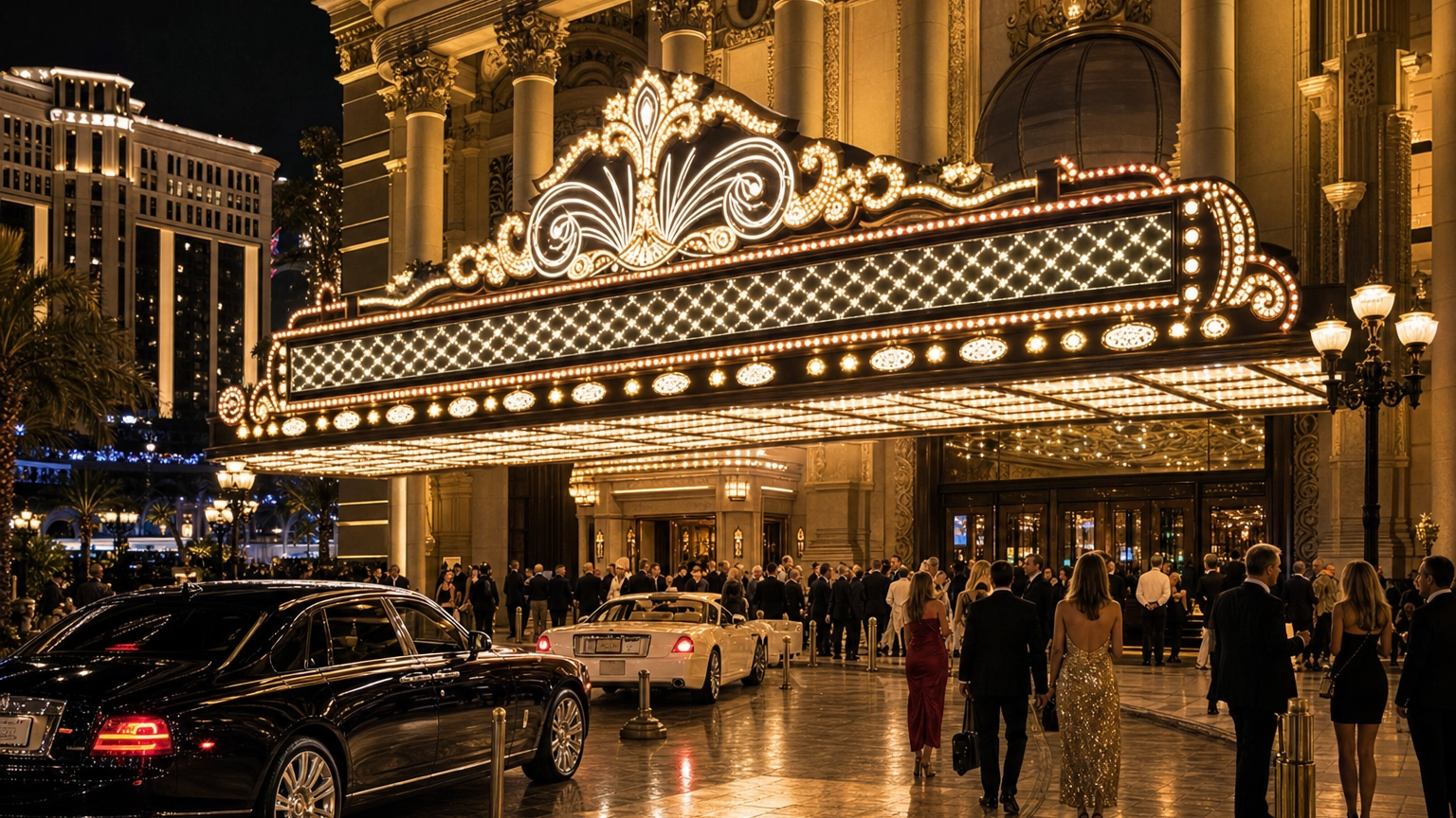 Colosseum Caesars Palace Theater At Night – Personal Sedan Services Brightly lit grand Las Vegas theater entrance at night with an elegant crowd arriving for a show
