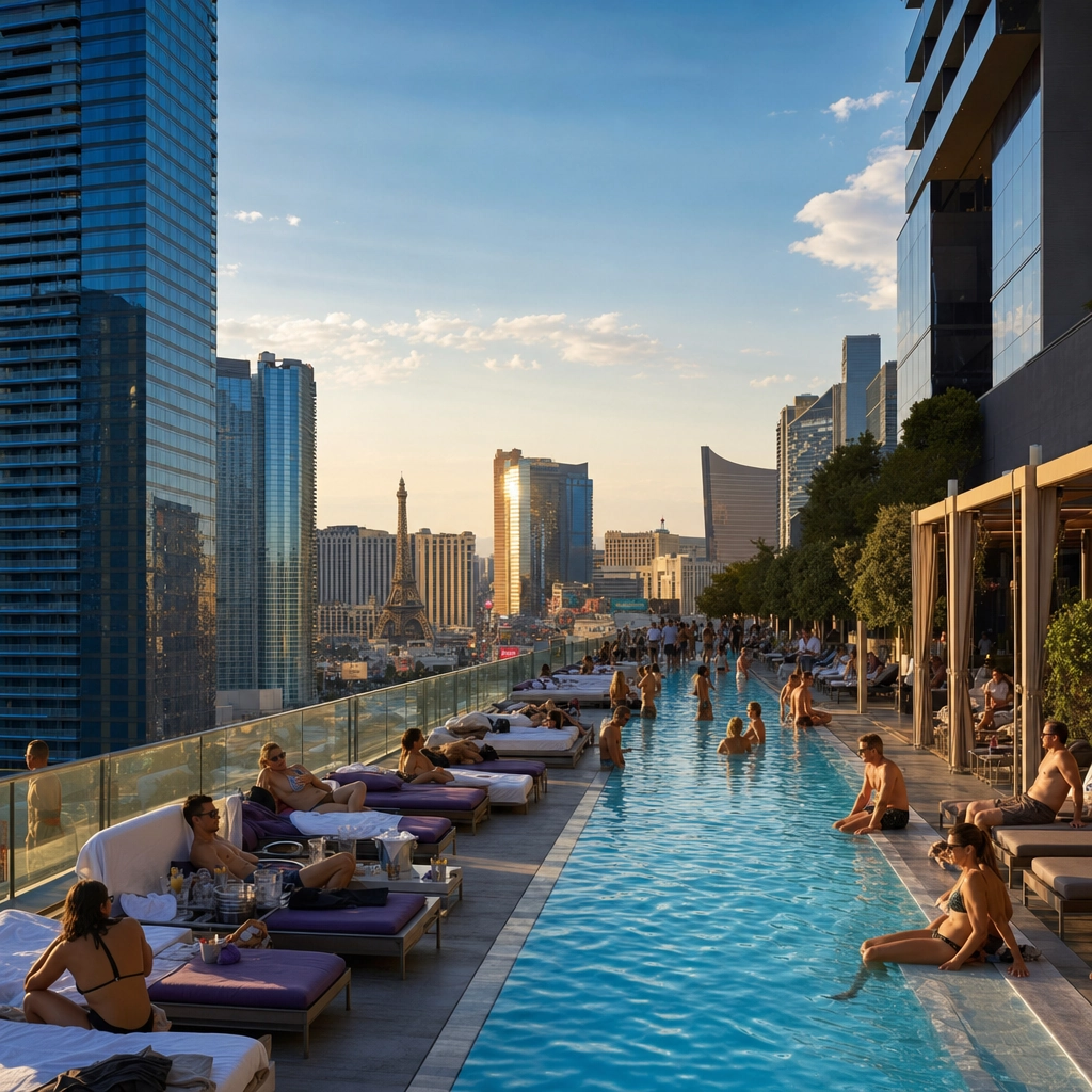 Cosmopolitan Boulevard Pool Overlooking The Strip – Personal Sedan Services Rooftop Boulevard Pool at The Cosmopolitan with Las Vegas Strip views