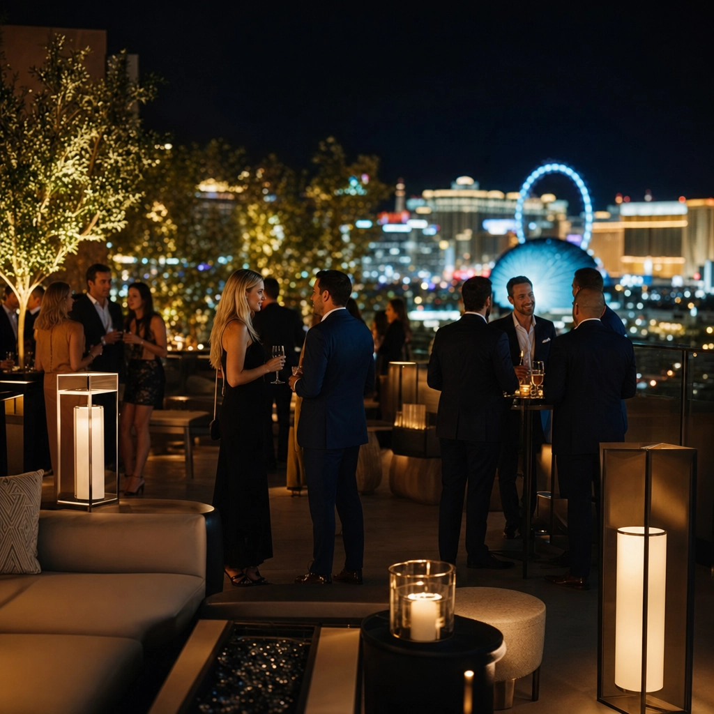 Cosmopolitan Design-Forward Strip-View Terrace Reception – Personal Sedan Services Stylish design-forward Las Vegas resort terrace reception at night with Strip views