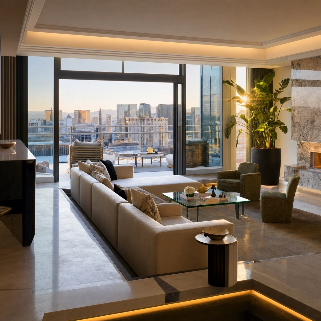 Cosmopolitan Wraparound Terrace Suite With Strip View – Personal Sedan Services Stylish luxury suite with a private wraparound balcony and floor-to-ceiling Las Vegas Strip view at golden hour