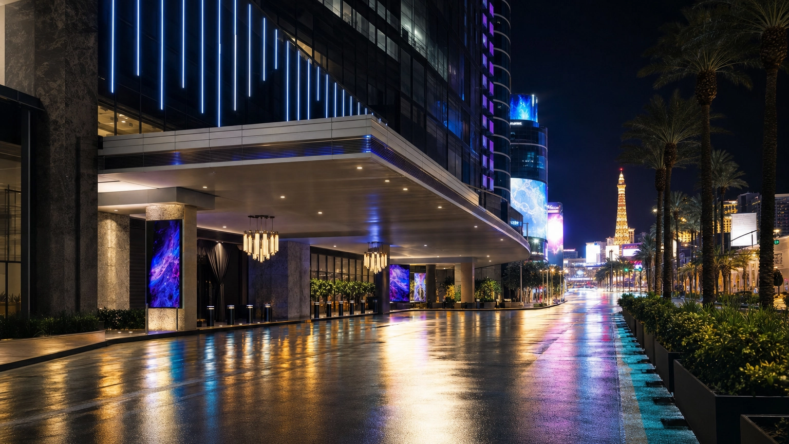 Large modern Las Vegas gentlemen's club exterior with neon signage on a wide boulevard at night, in the style of Crazy Horse 3