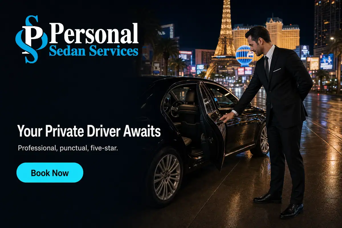 Personal Sedan Services — Sharp-Dressed Chauffeur Opening The Door Of A Gleaming Black Sedan On The Lit Strip At Night. Headline 'Your Private Driver Awaits' With 'Professional, Pu