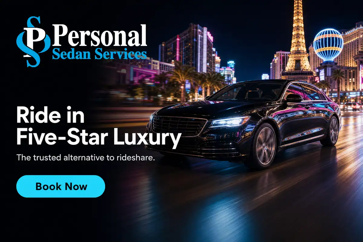 Personal Sedan Services — Glossy Black Luxury Car Cruising The Dazzling Neon Strip At Night, Cinematic And Bright. Headline 'Ride In Five-Star Luxury' With 'The Trusted Alternative