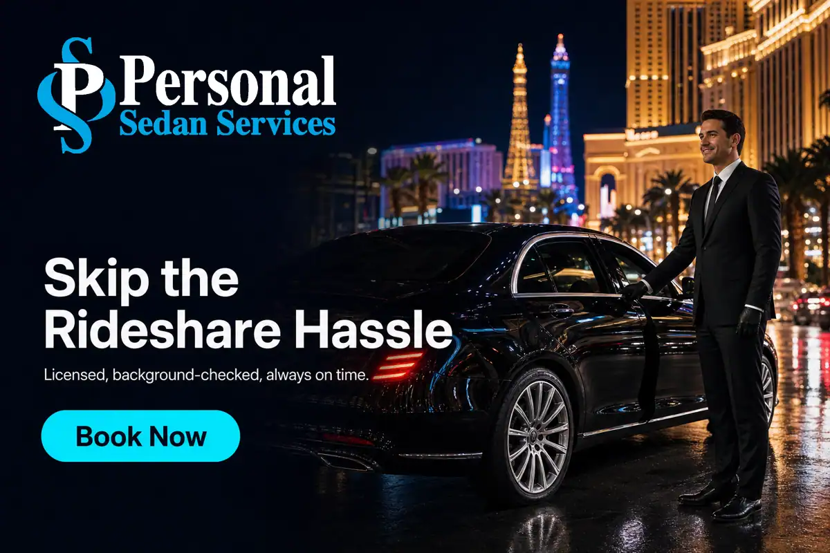 Personal Sedan Services — Pristine Black Car And A Professional Chauffeur, Brightly Lit On The Strip At Night. Headline 'Skip The Rideshare Hassle' With 'Licensed, Background-Check