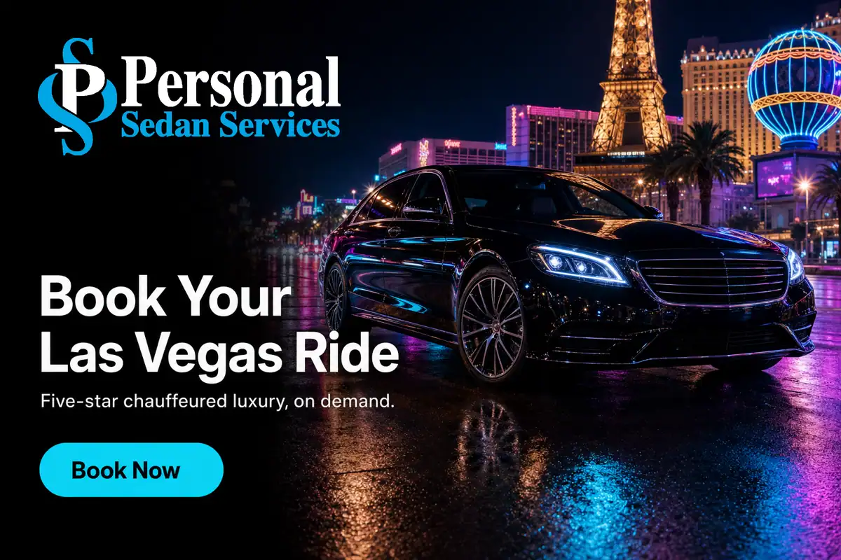 Personal Sedan Services — Bright Black Luxury Sedan On The Neon Las Vegas Strip At Night, Gleaming, The Clear Hero. Headline 'Book Your Las Vegas Ride' With 'Five-Star Chauffeured