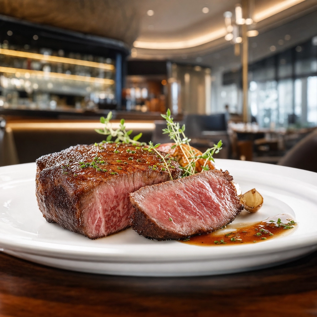 CUT Wagyu Steak Modern Chophouse – Personal Sedan Services Sliced marbled wagyu steak elegantly plated in a sleek modern Las Vegas chophouse