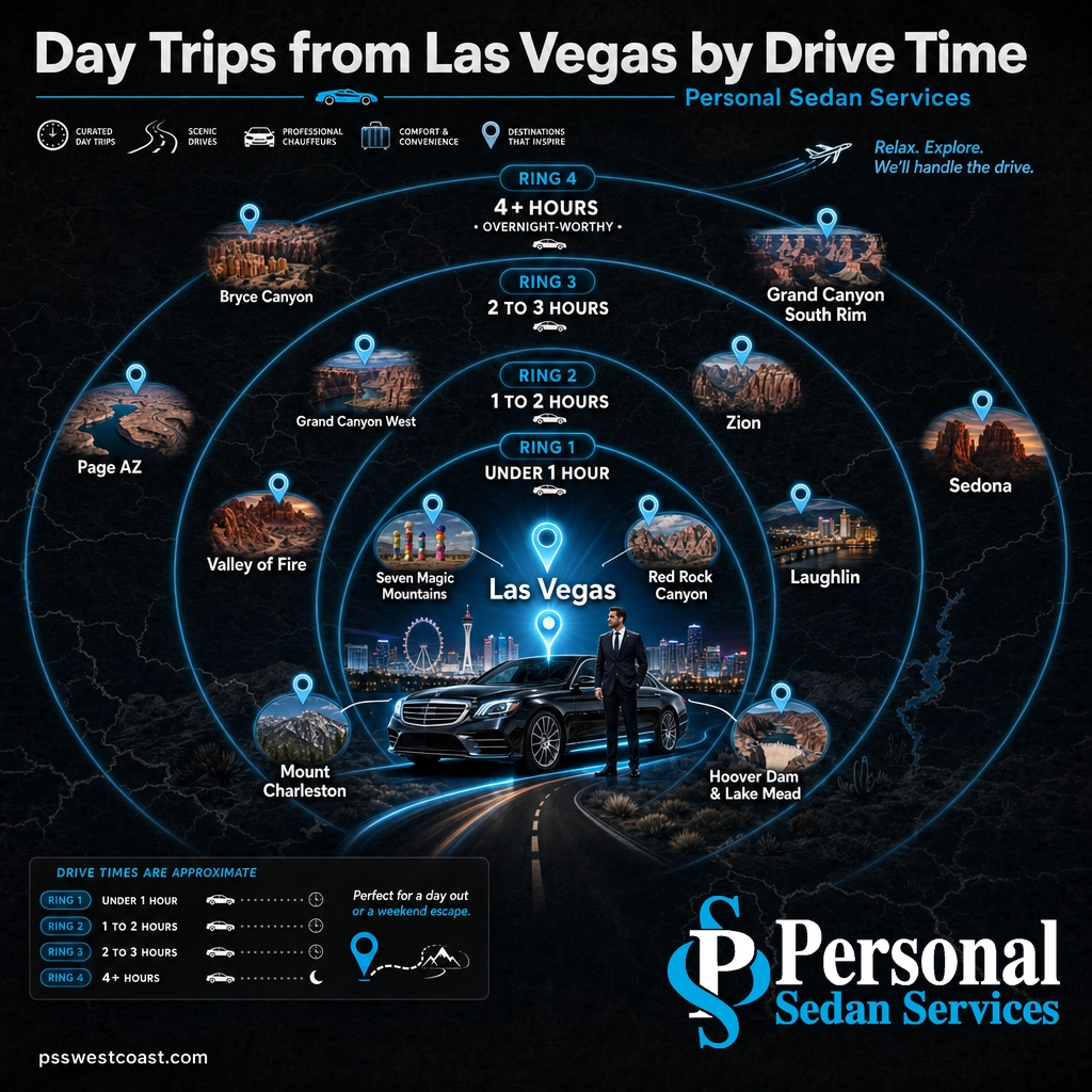 Day Trips From Las Vegas Grouped By Drive Time Zones – Personal Sedan Services Concentric-ring map of day trips from Las Vegas grouped into under 1 hour, 1 to 2, 2 to 3, and 4-plus-hour drive-time zones