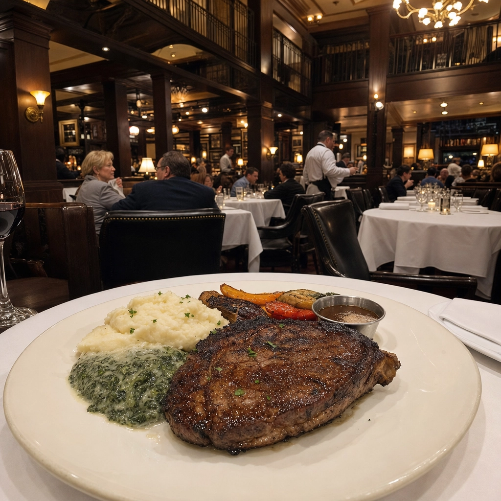 Delmonico New Orleans Style Steakhouse – Personal Sedan Services Warm double-height Las Vegas steakhouse dining room with an aged ribeye plated in the foreground