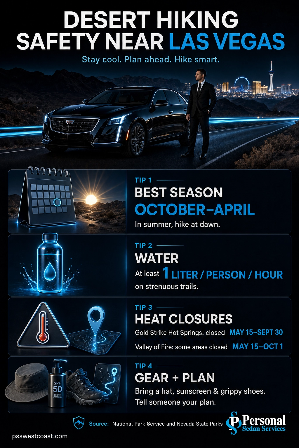 Desert Hiking Safety Near Las Vegas Infographic – Personal Sedan Services Infographic of desert hiking safety tips near Las Vegas: season, water, heat closures, and sun protection