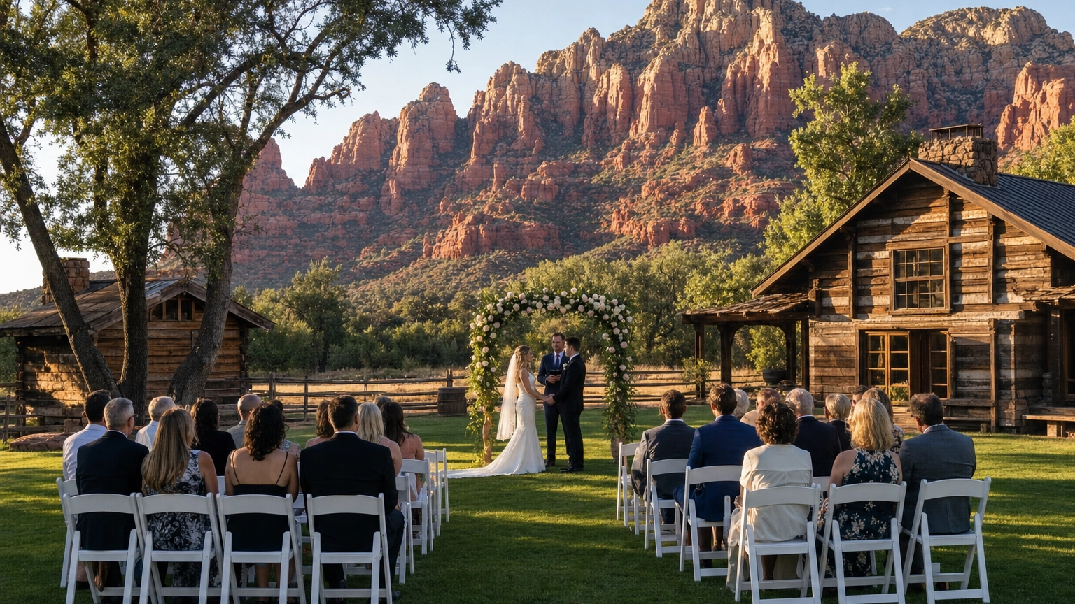Intimate outdoor wedding on a ranch lawn framed by the red sandstone mountains of Red Rock Canyon