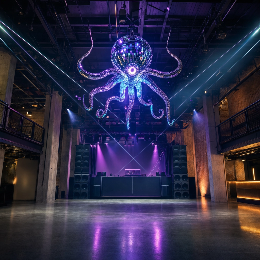 Discopussy Downtown Warehouse Club With LED Disco-Octopus – Personal Sedan Services Downtown Las Vegas warehouse house and techno club with a glowing LED disco-octopus over the floor at Discopussy